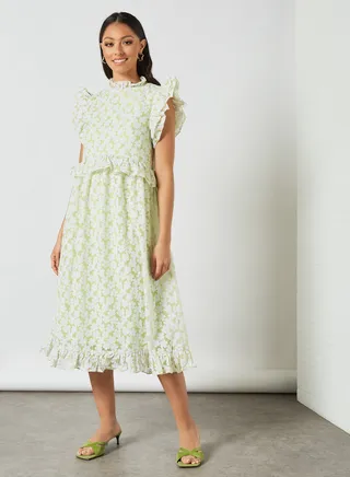 Floral Print High Neck Dress Green 