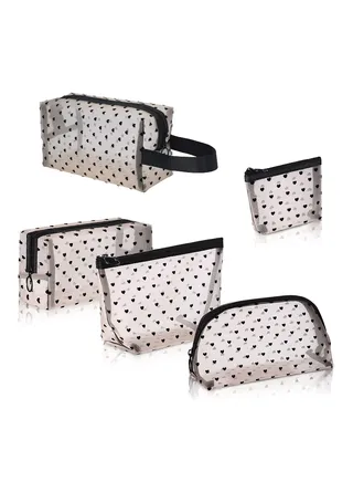 5 Pieces Heart Mesh Makeup Bags Set Portable Travel Toiletry Organizer Cosmetic for Women Girls Small Items Storage Home Office 