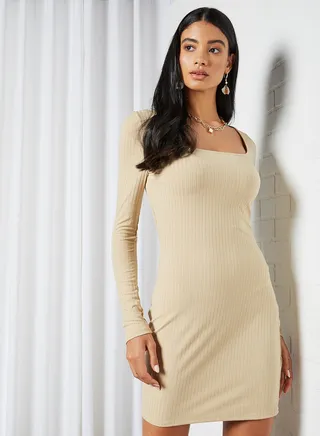 Ribbed Bodycon Mini Dress Beige 