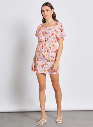 Women'S Casual Mini Short Sleeve Round Neck Floral Dress Pink 