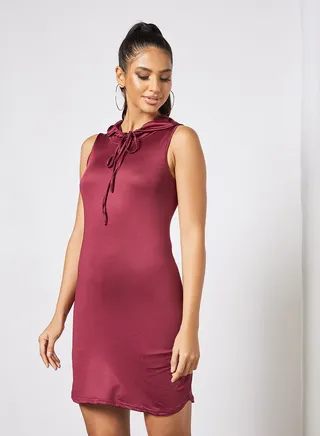 Women's Polyester Blend Sleeveless Mini Knitted Dress With Hooded Neck Plum 