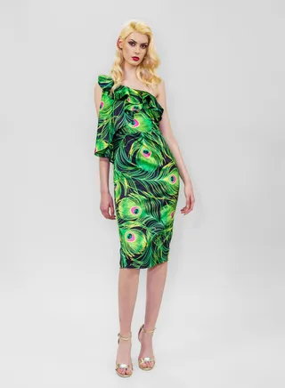 Midi Cold Shoulder Ruffles Dress Green 