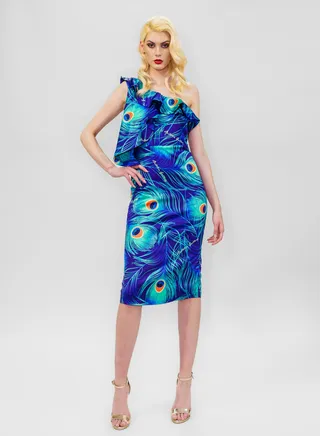 Midi Cold Shoulder Ruffles Dress Blue 