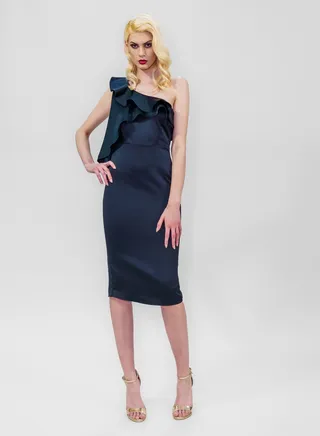 Midi Cold Shoulder Ruffles Dress Black 