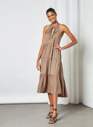 Keyhole Front Midi Dress Brown 