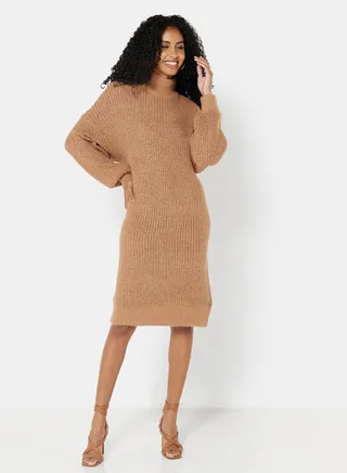 High Neck Knit Dress Brown 