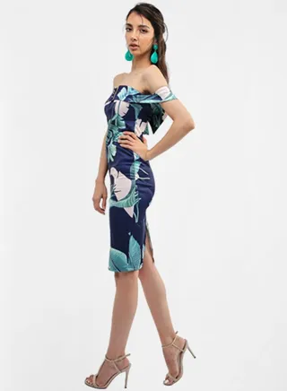 Leaf Print Bodycon Dress Navy 