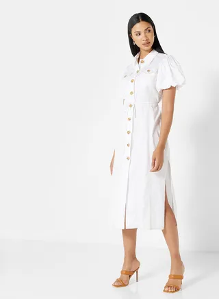 Puff Sleeve Midi Shirt Dress White 
