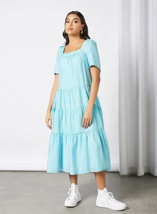 Prue Puff Sleeve Tiered Dress Blue 