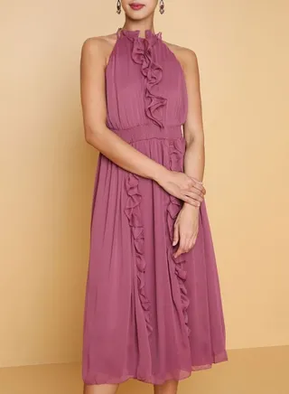 Ruffle Detailed Polyester Dress Pink 