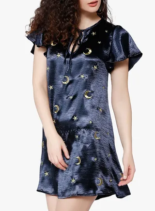 Moon And Star Short Sleeve Embroidered Dress Navy 