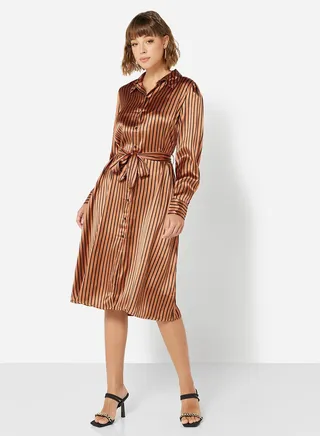 Satin Stripe Belted Midi Dress 