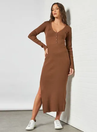 Side Slit Bodycon Dress Brown 