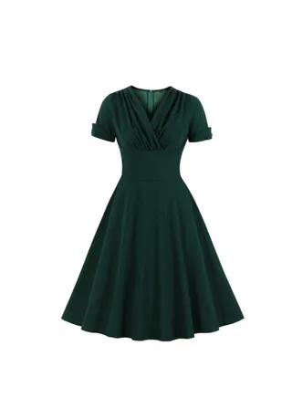 V-Neck Elegant Retro Dress Green 