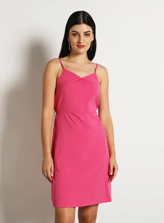 Women'S Casual Knee Length Straps Floral/Plain Basic Dress Pink 