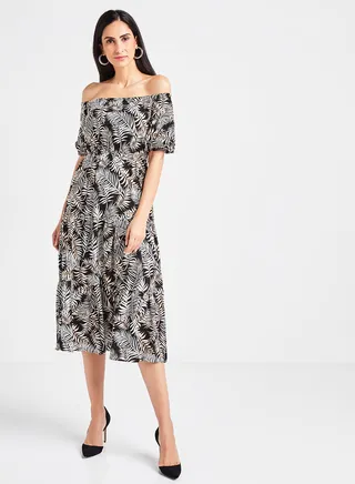 Printed Off Shoulder Midi Dress Black 