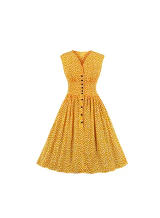 Polka Dot Elegant Dress Yellow/White 