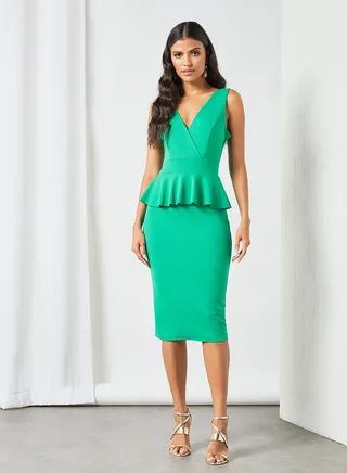 Aria Plunge Neck Peplum Midi Dress Green 