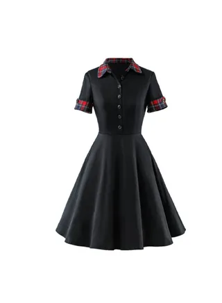 Elegant Lapel Collared Neck Dress Black 