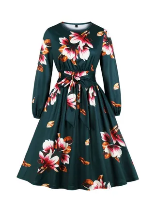 Floral Printed Long Sleeve Lace Up Elegant Dress Green 