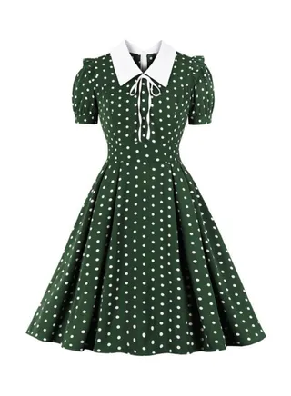 Polka Dot Retro Midi Dress Green/White 