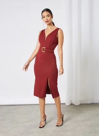 Plunge Neck Padded Midi Dress Burgundy 