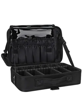 Black Makeup Bag Travel Makeup Train Case 13.4 inches Large Cosmetic Case Professional Portable Makeup Brush Holder Organizer and Storage with Adjustable Dividers and Shoulder Strap 