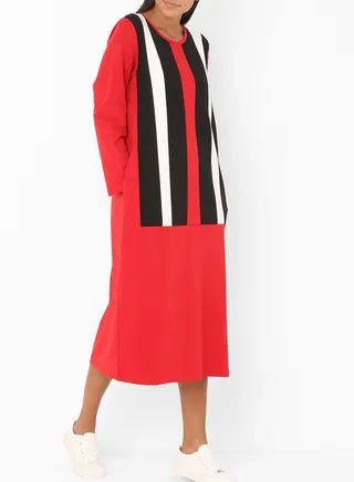Multi Striped Long Sleeve Dress Red 