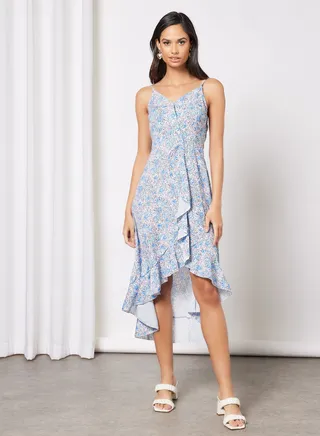 Casual Straps V-Neck Open Back Printed Midi Dress with Ruffle Hem Blue 