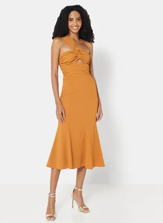 One Shoulder Midi Dress Brown 