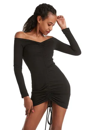 Tight Fit Solid Design Trendy Dress Black 