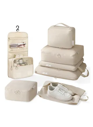 Compression Packing Cubes for Suitcases 7 Set, Durable Travel Bags Organizer for Luggage, Foldable Suitcase Organizer Bags Set, Compression Bags for Travel Packing Organizer Beige 