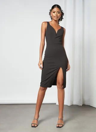 Aura Plunge Neck Midi Dress Black 