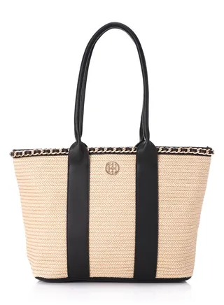 Braided Straw Shoulder Bag With Leather Handles 