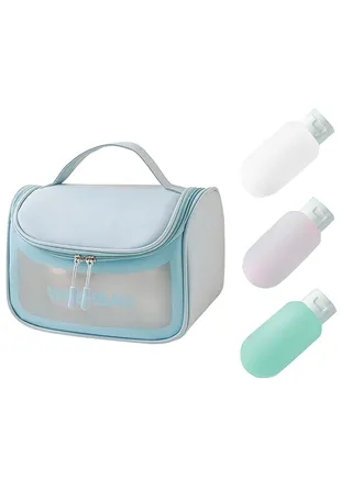 Makeup Brush Bag Travel Size Toiletries Containers, Clear Waterproof Toiletry Bags with Shampoo Bottles, Cosmetic Organizer Make Up Pouch For Traveling Bathroom Skincare Accessories, Blue 