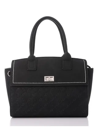 Multi-Patterned Double Closure Black Leather Hand Bag 