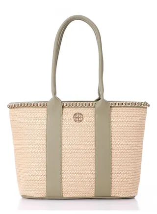 Braided Straw Shoulder Bag With Leather Handles 