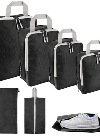 Compression Packing Cubes - 6 Set Suitcase Organizer Bags for Travel. Expandable Luggage Organizers for Suitcase and Backpack. Travel Essentials for Women and Men in Black. 