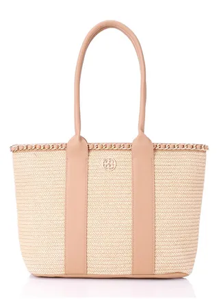 Braided Straw Shoulder Bag With Leather Handles 
