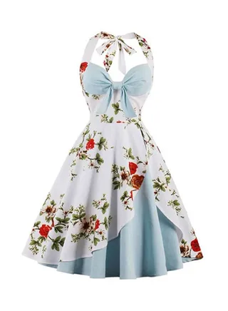 Halter Neck Midi Dress Blue/White/Red 