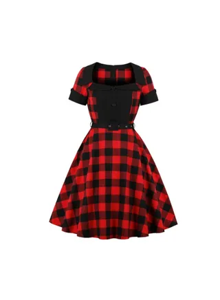 Casual Retro Midi Dress Red/Black 