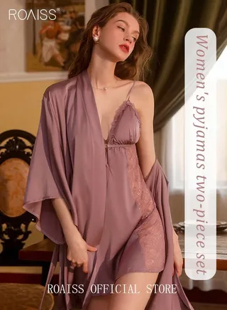 2 Piece Nightgown Set Women's Sweet Halter Nightdress Lace Lingerie Sleepwear Home Dress Set Romantic Elegant Pajamas Ladies Spring Autumn Robe Loungewear 