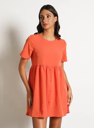 Women'S Casual Knee Length Short Sleeve Plain Basic Dress Orange 