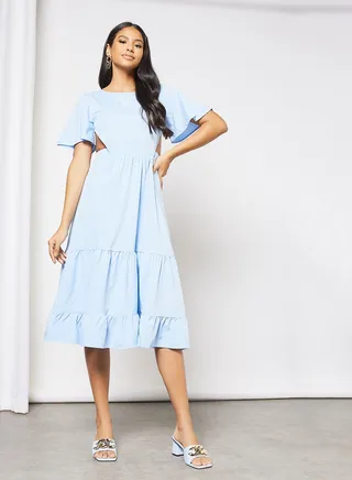 Casual Bell Shape Short Sleeve Midi Solid Woven Dress 138 Lite Blue 