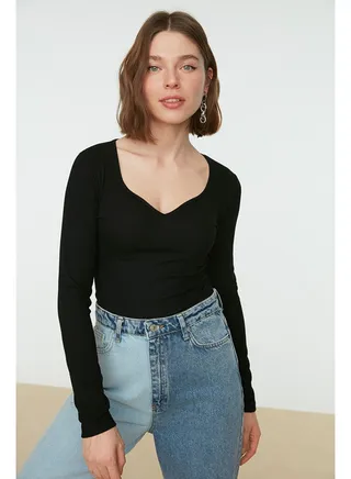 Black Sweetheart Collar Long Sleeve Ribbed Flexible Knitted Body With Snap Button TWOAW22BD0018 