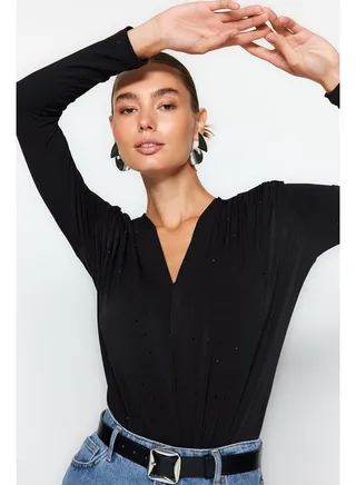 Black Stone Printed Double Breasted Collar Long Sleeves Padded Flexible Knitted Snaps Body TWOAW24BD00042 