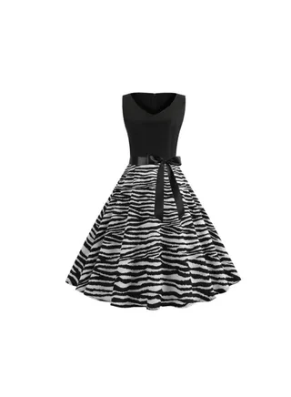 Casual Printed V-Neck Dress Black/White 