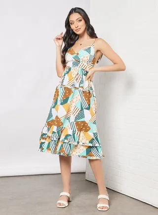 Casual Polyester Blend Straps Layered Midi Dress With V-Neck Pattern Blue White Print 