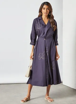 Contrast Print Dress Navy 