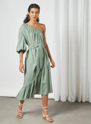 One Shoulder Midi Dress Green 